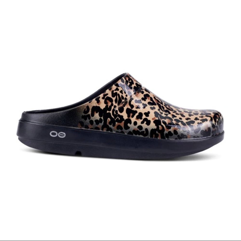 Oofos Limited Edition Oocloog Leopard Print Slip On Shoes